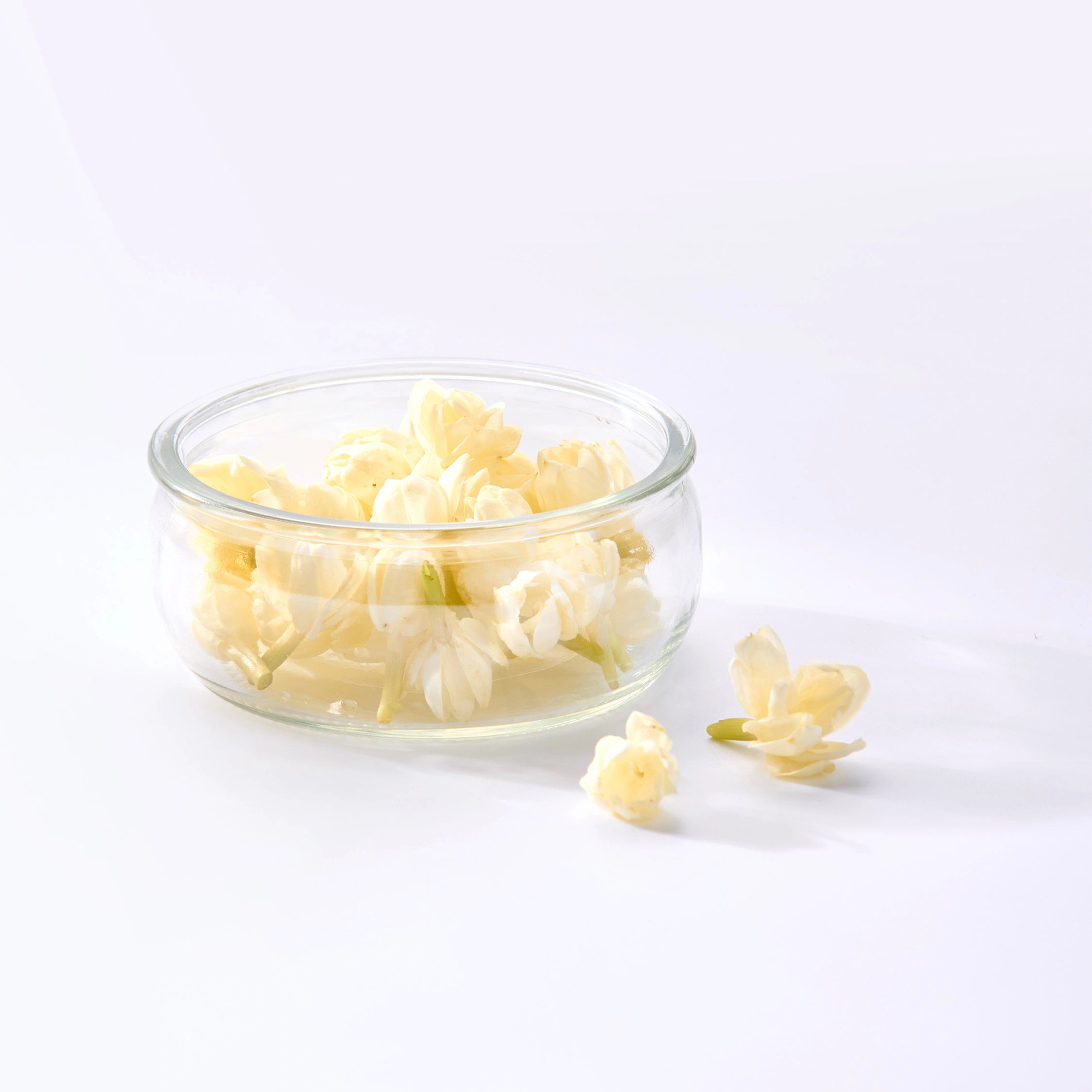 White Jasmine Flowers in Glass Bowl on White Background